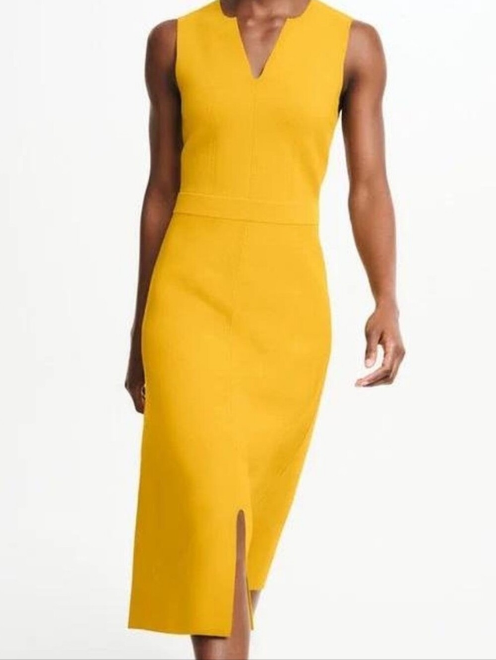 The Fold Yellow Midi Sheath Dress with V-Notch